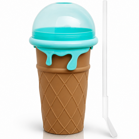 Ice Cream Cup Slush Maker with Straw & Spoon, Reusable Frozen Dessert Cup, Brown