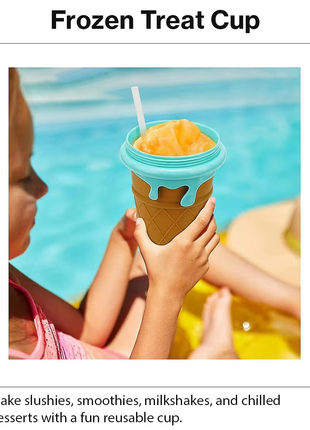 Ice Cream Cup Slush Maker with Straw & Spoon, Reusable Frozen Dessert Cup, Brown