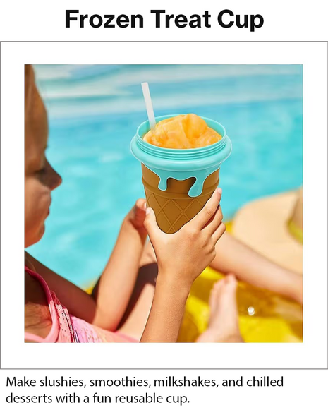 Ice Cream Cup Slush Maker with Straw & Spoon, Reusable Frozen Dessert Cup, Brown