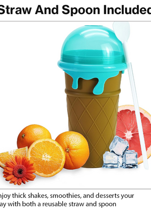 Ice Cream Cup Slush Maker with Straw & Spoon, Reusable Frozen Dessert Cup, Brown
