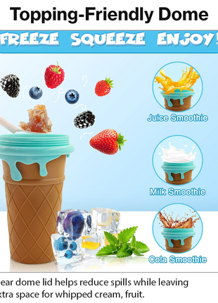 Ice Cream Cup Slush Maker with Straw & Spoon, Reusable Frozen Dessert Cup, Brown