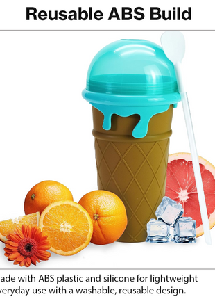 Ice Cream Cup Slush Maker with Straw & Spoon, Reusable Frozen Dessert Cup, Brown