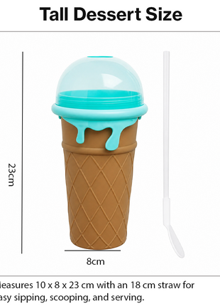 Ice Cream Cup Slush Maker with Straw & Spoon, Reusable Frozen Dessert Cup, Brown
