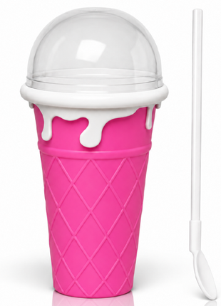Ice Cream Cup Slush Maker with Straw & Spoon, Reusable Frozen Dessert Cup, Pink