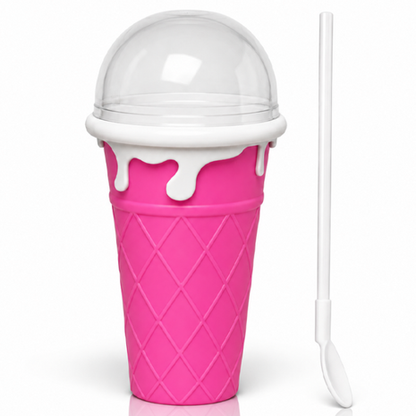 Ice Cream Cup Slush Maker with Straw & Spoon, Reusable Frozen Dessert Cup, Pink
