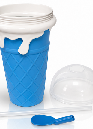Ice Cream Cup Slush Maker with Straw & Spoon, Reusable Frozen Dessert Cup, Blue