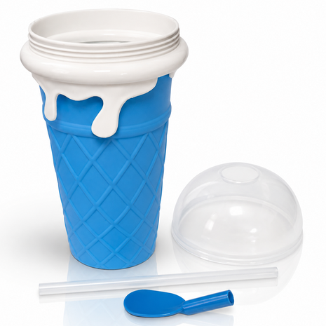 Ice Cream Cup Slush Maker with Straw & Spoon, Reusable Frozen Dessert Cup, Blue