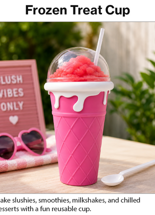 Ice Cream Cup Slush Maker with Straw & Spoon, Reusable Frozen Dessert Cup, Pink