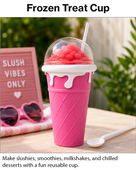 Ice Cream Cup Slush Maker with Straw & Spoon, Reusable Frozen Dessert Cup, Pink