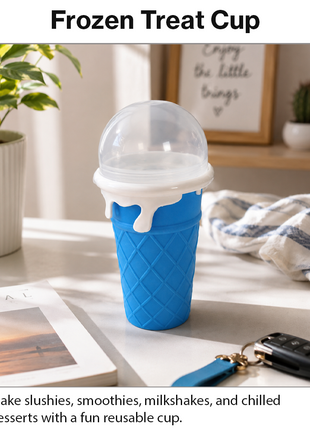 Ice Cream Cup Slush Maker with Straw & Spoon, Reusable Frozen Dessert Cup, Blue