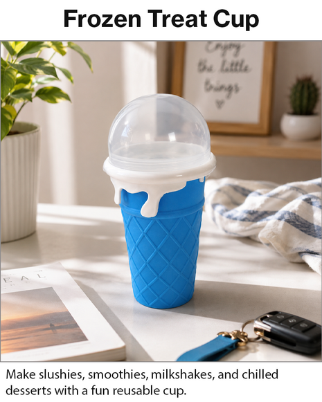 Ice Cream Cup Slush Maker with Straw & Spoon, Reusable Frozen Dessert Cup, Blue