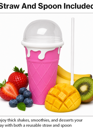 Ice Cream Cup Slush Maker with Straw & Spoon, Reusable Frozen Dessert Cup, Pink