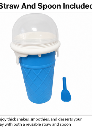 Ice Cream Cup Slush Maker with Straw & Spoon, Reusable Frozen Dessert Cup, Blue