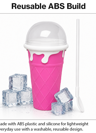 Ice Cream Cup Slush Maker with Straw & Spoon, Reusable Frozen Dessert Cup, Pink