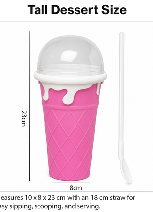 Ice Cream Cup Slush Maker with Straw & Spoon, Reusable Frozen Dessert Cup, Pink