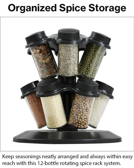 12-in-1 Rotating Spice Rack with Glass Bottles