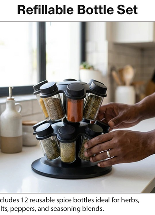 12-in-1 Rotating Spice Rack with Glass Bottles