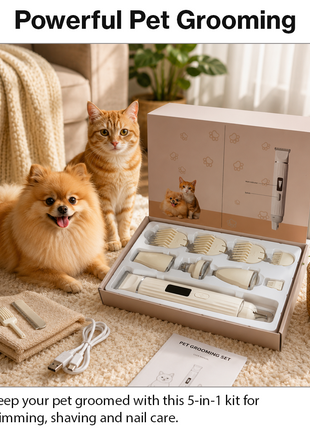 5-in-1 Pet Grooming Kit with LED Battery Display, USB-C Charging, Nail Grinder & Trimmer Attachments