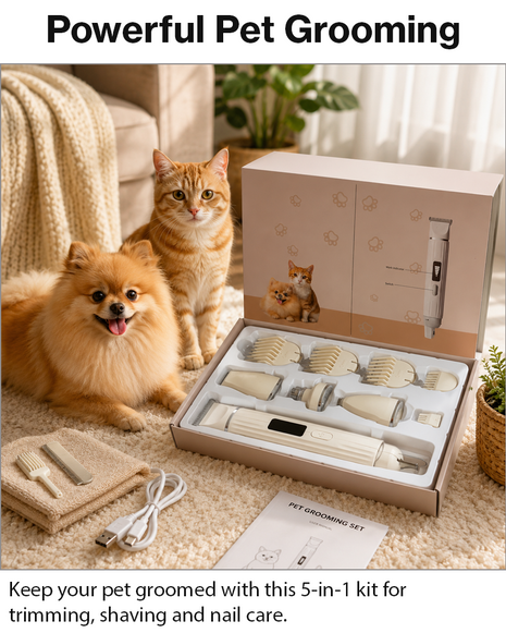 5-in-1 Pet Grooming Kit with LED Battery Display, USB-C Charging, Nail Grinder & Trimmer Attachments