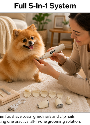 5-in-1 Pet Grooming Kit with LED Battery Display, USB-C Charging, Nail Grinder & Trimmer Attachments