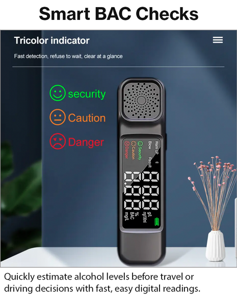 Digital Alcohol Breathalyser USB-C Rechargeable BAC Tester with Digital Display & Non-Contact Detection