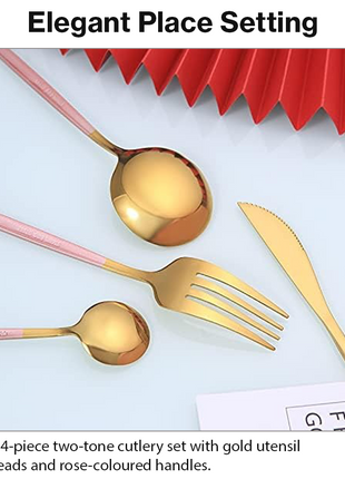 4-Piece Two-Tone Gold & Rose Stainless Steel Cutlery Set – Knife, Fork, Tablespoon & Teaspoon Gift Set