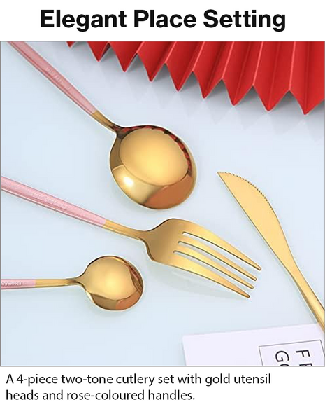 4-Piece Two-Tone Gold & Rose Stainless Steel Cutlery Set – Knife, Fork, Tablespoon & Teaspoon Gift Set