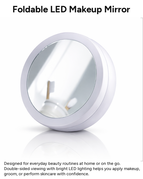 LED Foldable Double-Sided Makeup Mirror with 1X & 10X Magnification, 135° Rotating Desktop Vanity Mirror, Battery Powered, Travel Folding Design