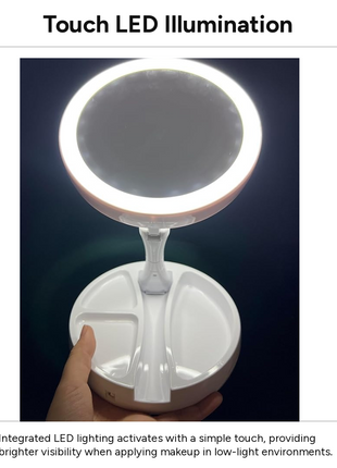 LED Foldable Double-Sided Makeup Mirror with 1X & 10X Magnification, 135° Rotating Desktop Vanity Mirror, Battery Powered, Travel Folding Design