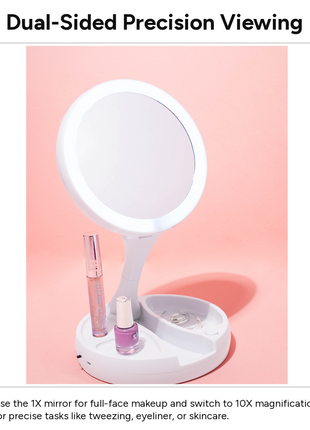 LED Foldable Double-Sided Makeup Mirror with 1X & 10X Magnification, 135° Rotating Desktop Vanity Mirror, Battery Powered, Travel Folding Design