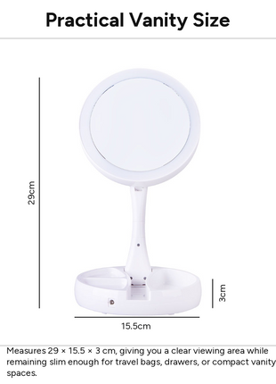 LED Foldable Double-Sided Makeup Mirror with 1X & 10X Magnification, 135° Rotating Desktop Vanity Mirror, Battery Powered, Travel Folding Design