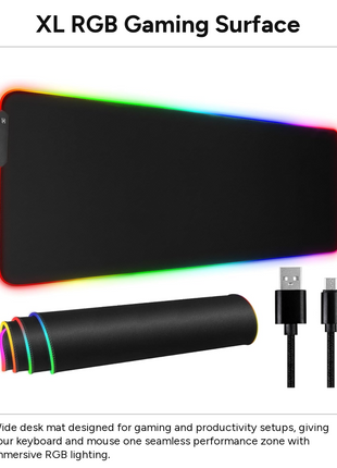 RGB Gaming Mouse Pad XL Microfibre Surface Rubber Base, 14 Mode Spectrum Backlighting, USB Powered with 1.8 m Detachable Cable