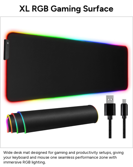 RGB Gaming Mouse Pad XL Microfibre Surface Rubber Base, 14 Mode Spectrum Backlighting, USB Powered with 1.8 m Detachable Cable