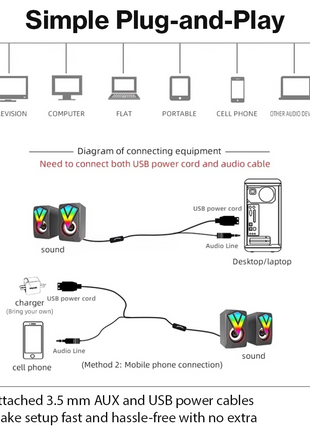 RGB Mini Speaker Set USB Powered AUX Desktop Speakers
