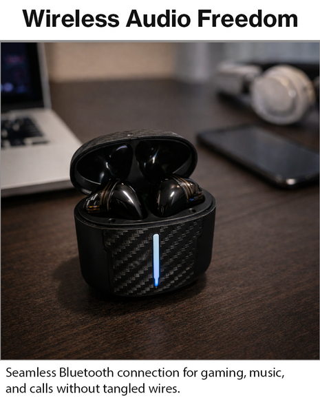 Sport Wireless Game Pro Earphones with Microphone, USB-C Charging Case, 15 m Range, 15 Hour Total Battery, Sculpted Ergonomic Earpieces