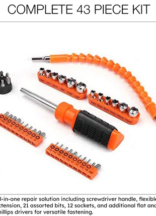 43-Piece Flexible Screwdriver & Socket Bit Set with Extension – DIY Repair Kit