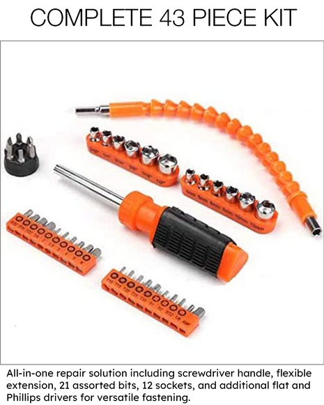 43-Piece Flexible Screwdriver & Socket Bit Set with Extension – DIY Repair Kit