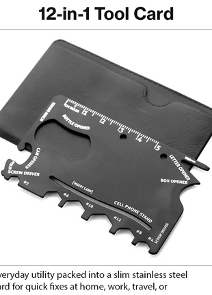 12-in-1 Stainless Steel Wallet Multi-Tool Card with PVC Sleeve – Bottle Opener, Screwdrivers, Hex Wrenches, Phone Stand, Ruler