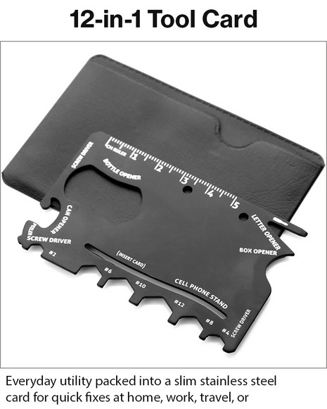 12-in-1 Stainless Steel Wallet Multi-Tool Card with PVC Sleeve – Bottle Opener, Screwdrivers, Hex Wrenches, Phone Stand, Ruler