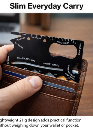 12-in-1 Stainless Steel Wallet Multi-Tool Card with PVC Sleeve – Bottle Opener, Screwdrivers, Hex Wrenches, Phone Stand, Ruler