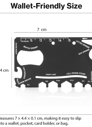 12-in-1 Stainless Steel Wallet Multi-Tool Card with PVC Sleeve – Bottle Opener, Screwdrivers, Hex Wrenches, Phone Stand, Ruler