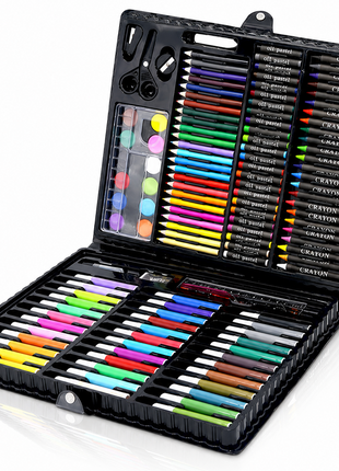 150-piece art kit with markers, crayons, pastels, paints, and tools in a durable ABS carry case. For ages 6+ Black