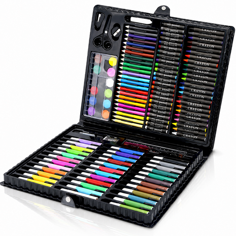 150-piece art kit with markers, crayons, pastels, paints, and tools in a durable ABS carry case. For ages 6+ Black