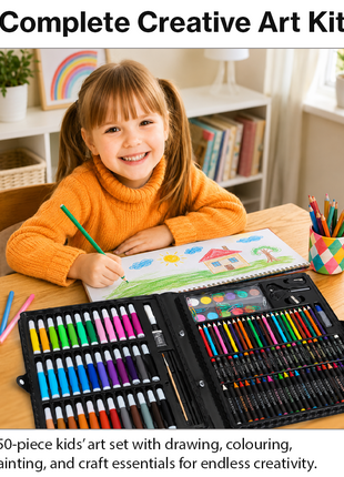 150-piece art kit with markers, crayons, pastels, paints, and tools in a durable ABS carry case. For ages 6+ Black