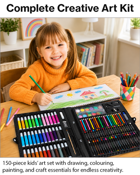 150-piece art kit with markers, crayons, pastels, paints, and tools in a durable ABS carry case. For ages 6+ Black