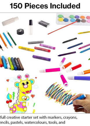 150-piece art kit with markers, crayons, pastels, paints, and tools in a durable ABS carry case. For ages 6+ Black