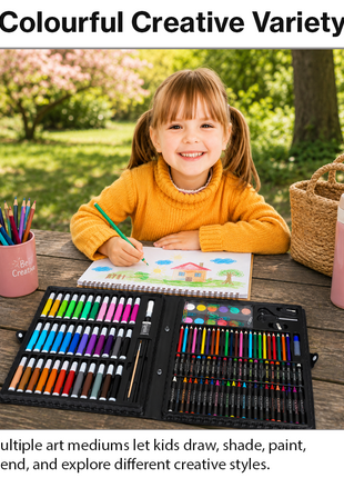 150-piece art kit with markers, crayons, pastels, paints, and tools in a durable ABS carry case. For ages 6+ Black