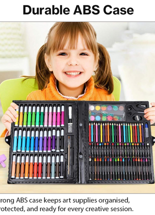 150-piece art kit with markers, crayons, pastels, paints, and tools in a durable ABS carry case. For ages 6+ Black