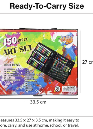 150-piece art kit with markers, crayons, pastels, paints, and tools in a durable ABS carry case. For ages 6+ Black