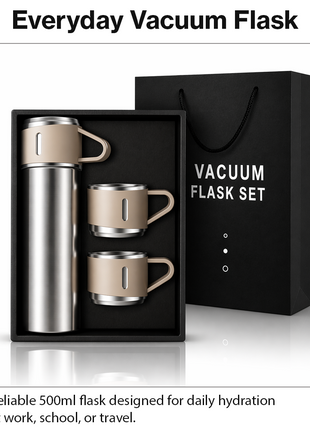 500ml Stainless Steel Vacuum Flask Set with 3 Cups Insulated